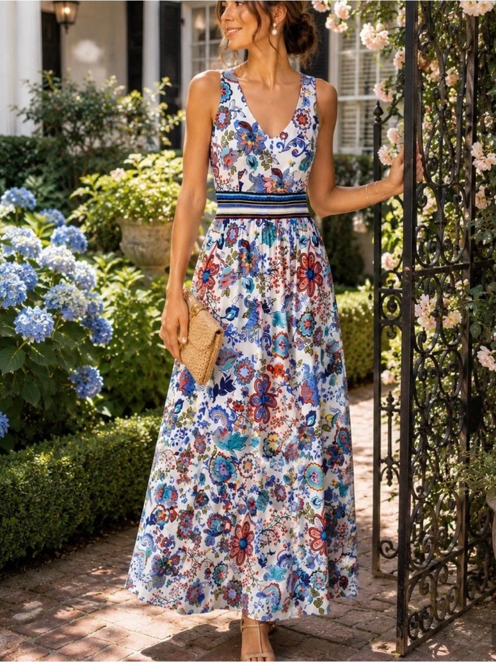 Milly Multicolor Floral V-Neck Maxi Dress with Striped Waist